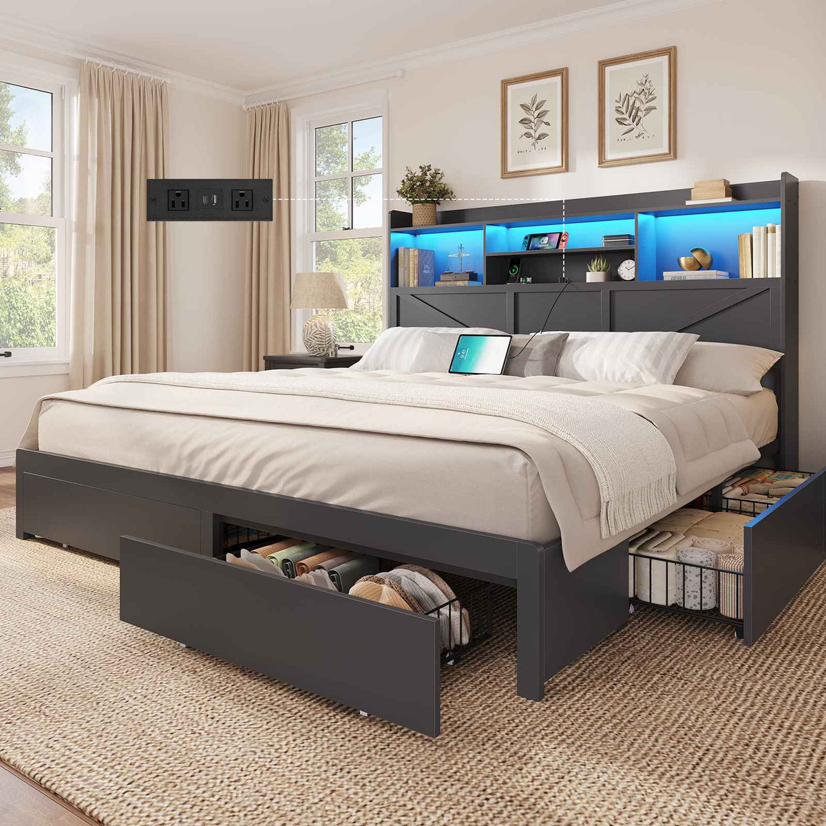 DICTAC Farmhouse Bed Frame with 6 Storage Drawers, Bookcase Headboard, LED Lights & Charging Station