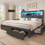 DICTAC Farmhouse Bed Frame with 6 Storage Drawers, Bookcase Headboard, LED Lights & Charging Station