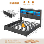 DICTAC Farmhouse Bed Frame with 6 Storage Drawers, Bookcase Headboard, LED Lights & Charging Station