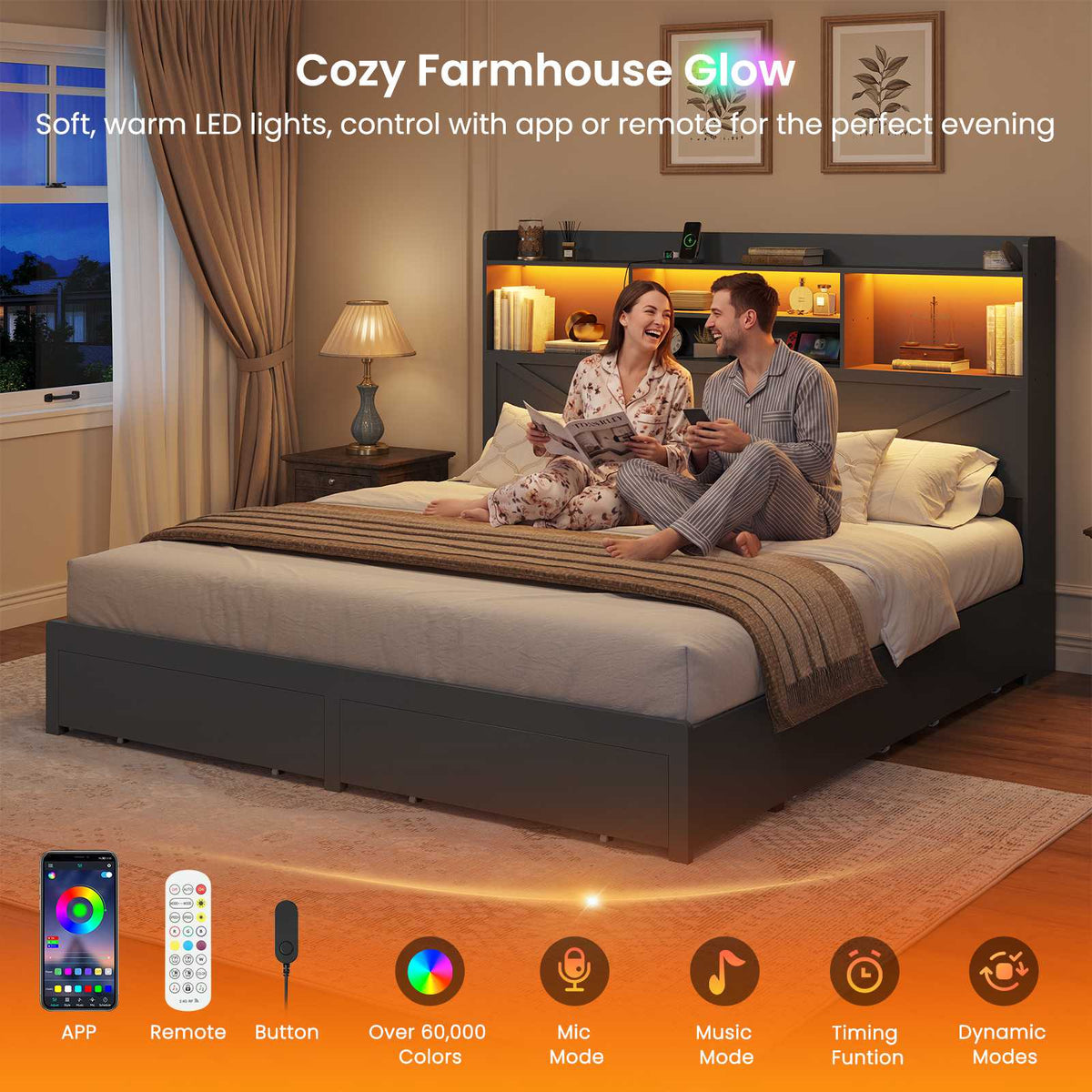 DICTAC Farmhouse Bed Frame with 6 Storage Drawers, Bookcase Headboard, LED Lights & Charging Station