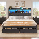 DICTAC Farmhouse Bed Frame with 6 Storage Drawers, Bookcase Headboard, LED Lights & Charging Station