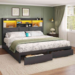 DICTAC Farmhouse Bed Frame with 6 Storage Drawers, Bookcase Headboard, LED Lights & Charging Station
