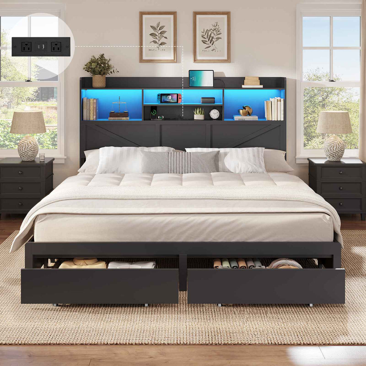 DICTAC Farmhouse Bed Frame with 6 Storage Drawers, Bookcase Headboard, LED Lights & Charging Station
