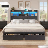 DICTAC Farmhouse Bed Frame with 6 Storage Drawers, Bookcase Headboard, LED Lights & Charging Station