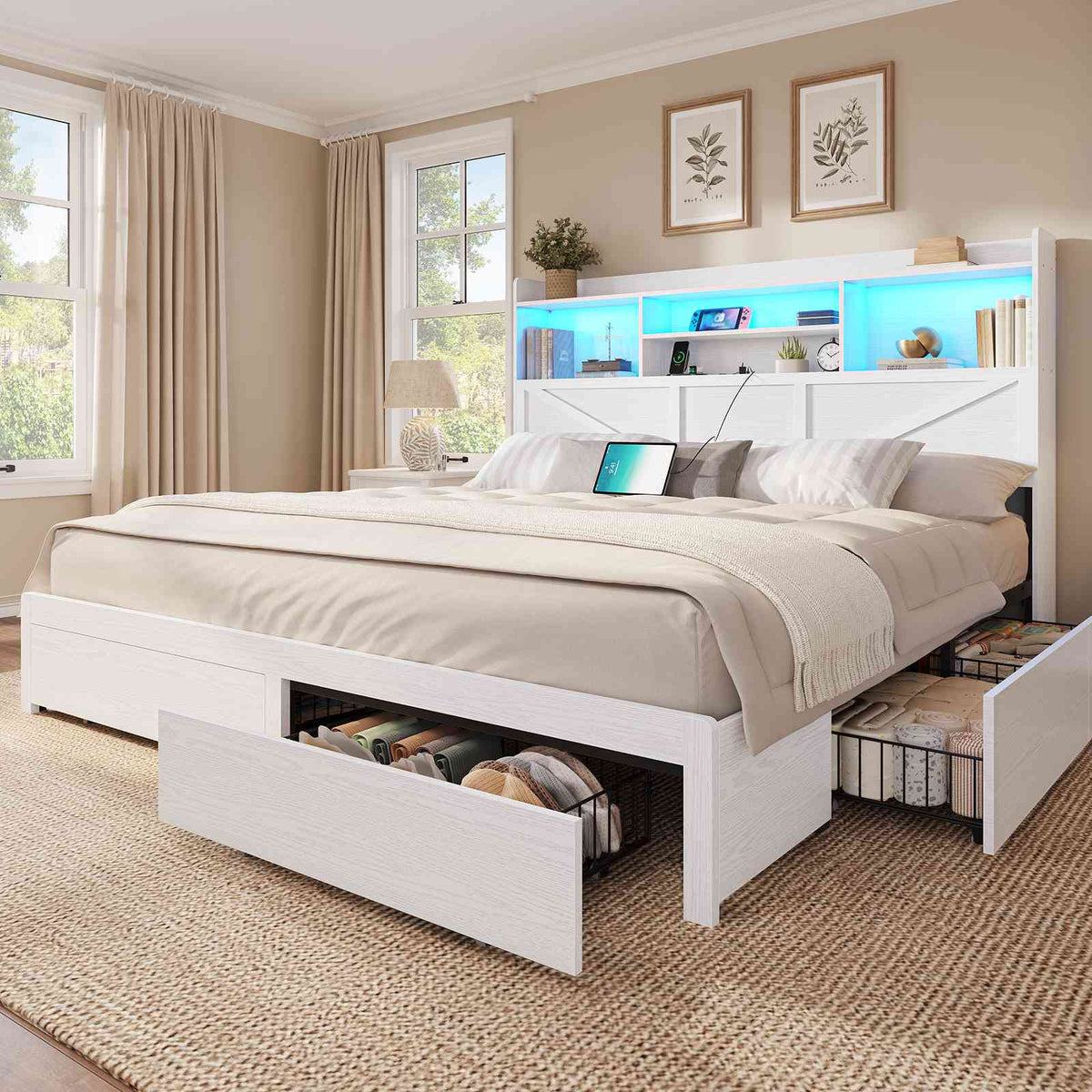 DICTAC Farmhouse Bed Frame with 6 Storage Drawers, Bookcase Headboard, LED Lights & Charging Station