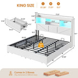 DICTAC Farmhouse Bed Frame with 6 Storage Drawers, Bookcase Headboard, LED Lights & Charging Station