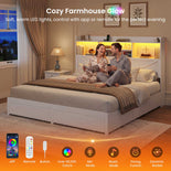 DICTAC Farmhouse Bed Frame with 6 Storage Drawers, Bookcase Headboard, LED Lights & Charging Station