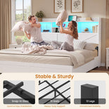 DICTAC Farmhouse Bed Frame with 6 Storage Drawers, Bookcase Headboard, LED Lights & Charging Station