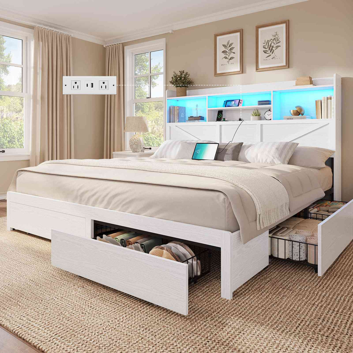 DICTAC Farmhouse Bed Frame with 6 Storage Drawers, Bookcase Headboard, LED Lights & Charging Station