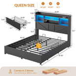 DICTAC Farmhouse Bed Frame with 6 Storage Drawers, Bookcase Headboard, LED Lights & Charging Station
