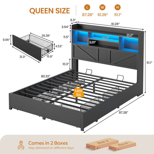 DICTAC Farmhouse Bed Frame with 6 Storage Drawers, Bookcase Headboard, LED Lights & Charging Station