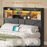 DICTAC Farmhouse Bed Frame with 6 Storage Drawers, Bookcase Headboard, LED Lights & Charging Station
