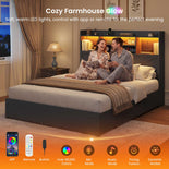 DICTAC Farmhouse Bed Frame with 6 Storage Drawers, Bookcase Headboard, LED Lights & Charging Station