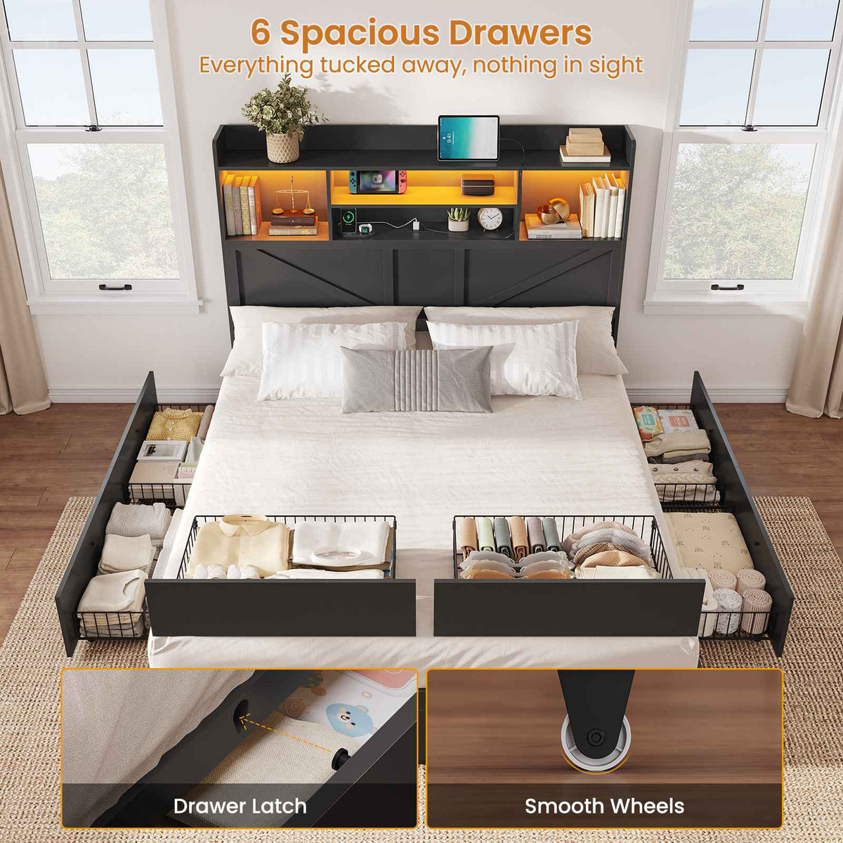 DICTAC Farmhouse Bed Frame with 6 Storage Drawers, Bookcase Headboard, LED Lights & Charging Station