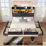 DICTAC Farmhouse Bed Frame with 6 Storage Drawers, Bookcase Headboard, LED Lights & Charging Station