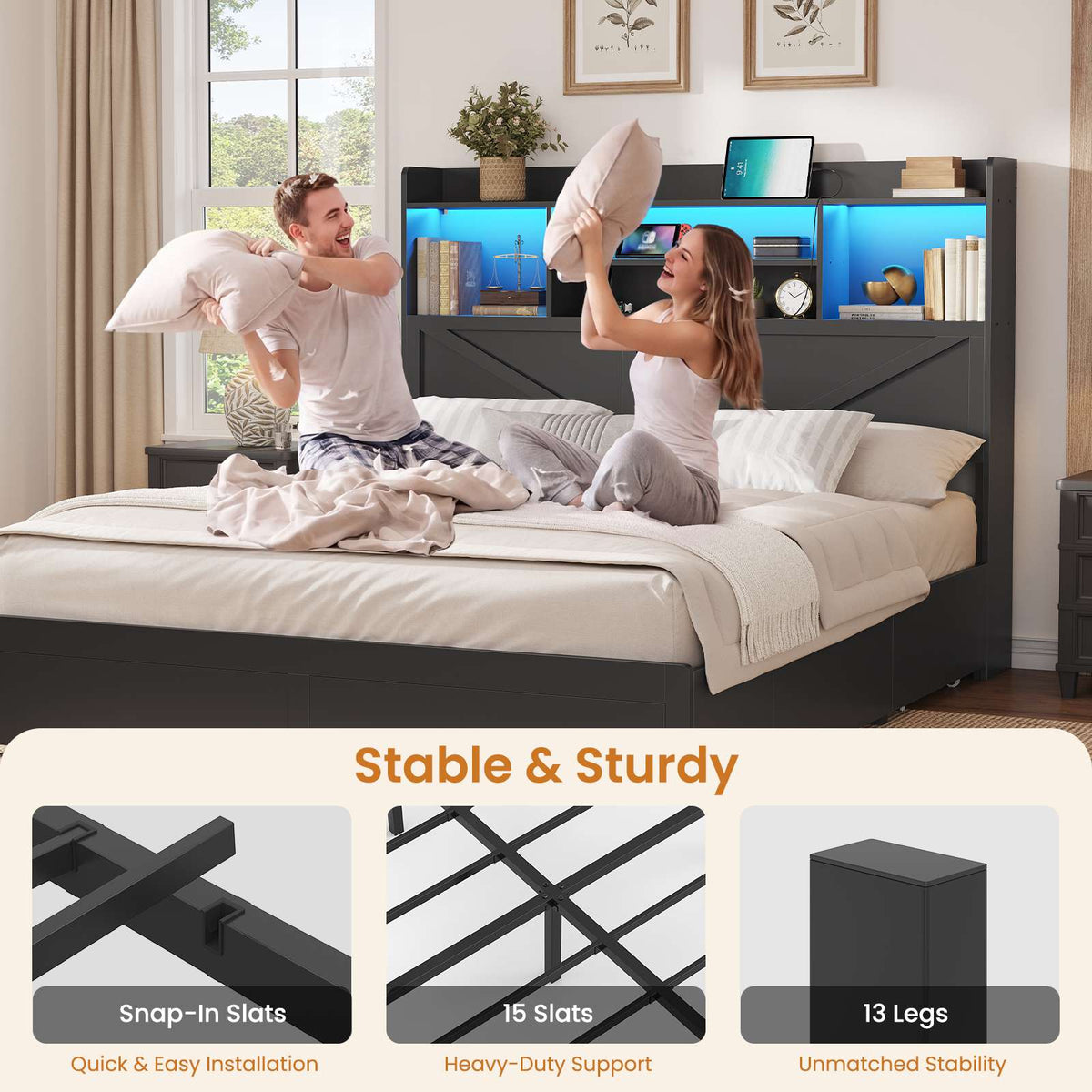 DICTAC Farmhouse Bed Frame with 6 Storage Drawers, Bookcase Headboard, LED Lights & Charging Station