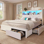 DICTAC Farmhouse Bed Frame with 6 Storage Drawers, Bookcase Headboard, LED Lights & Charging Station