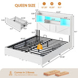 DICTAC Farmhouse Bed Frame with 6 Storage Drawers, Bookcase Headboard, LED Lights & Charging Station
