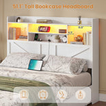 DICTAC Farmhouse Bed Frame with 6 Storage Drawers, Bookcase Headboard, LED Lights & Charging Station