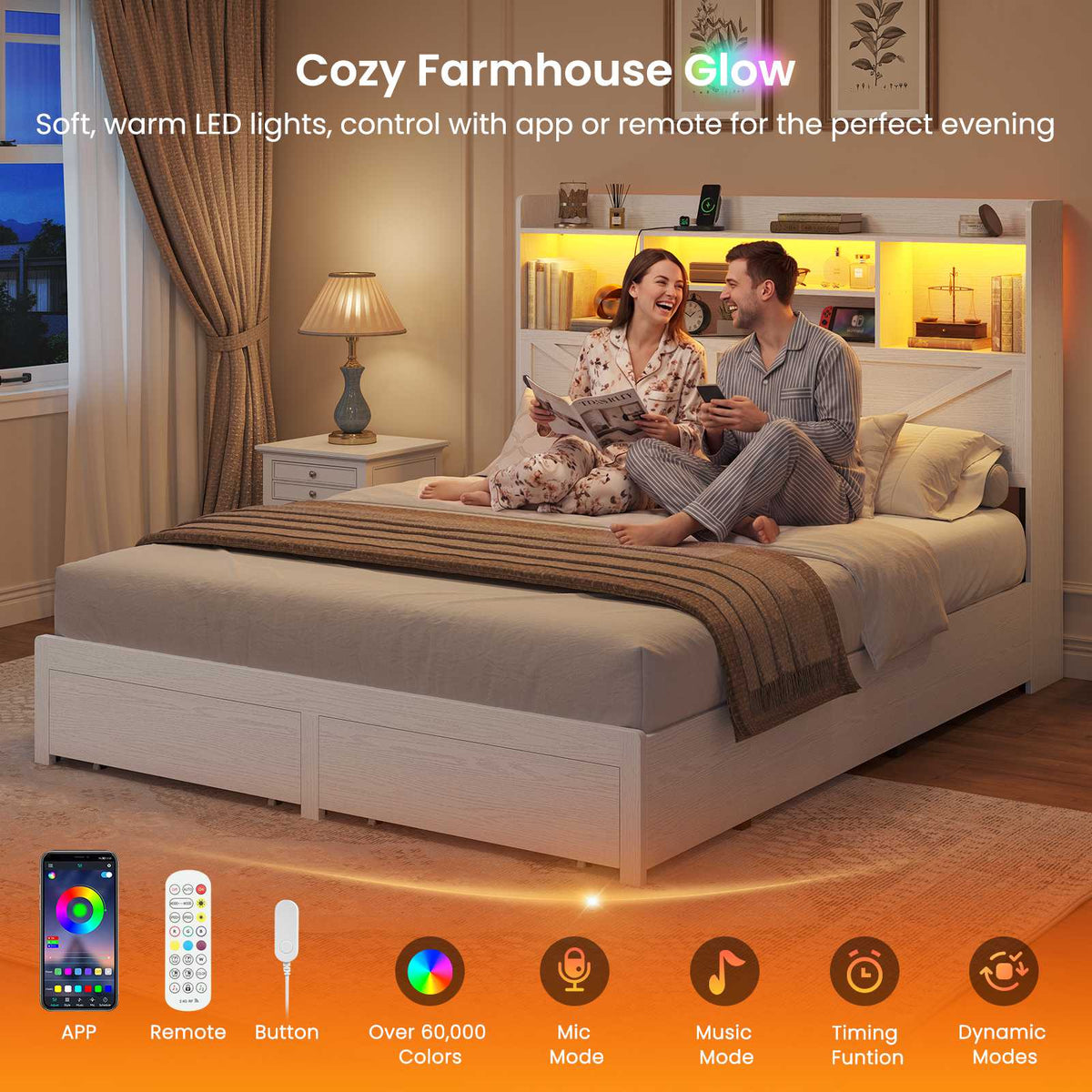 DICTAC Farmhouse Bed Frame with 6 Storage Drawers, Bookcase Headboard, LED Lights & Charging Station