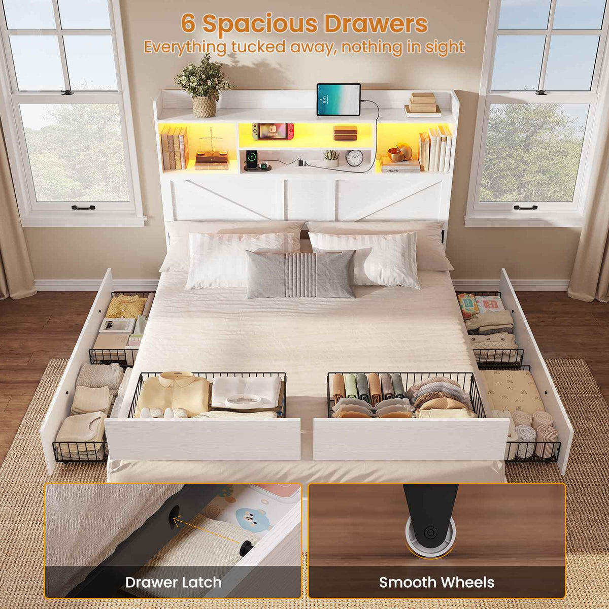 DICTAC Farmhouse Bed Frame with 6 Storage Drawers, Bookcase Headboard, LED Lights & Charging Station