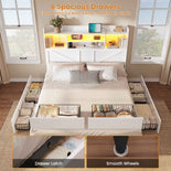 DICTAC Farmhouse Bed Frame with 6 Storage Drawers, Bookcase Headboard, LED Lights & Charging Station