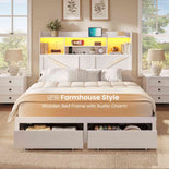 DICTAC Farmhouse Bed Frame with 6 Storage Drawers, Bookcase Headboard, LED Lights & Charging Station
