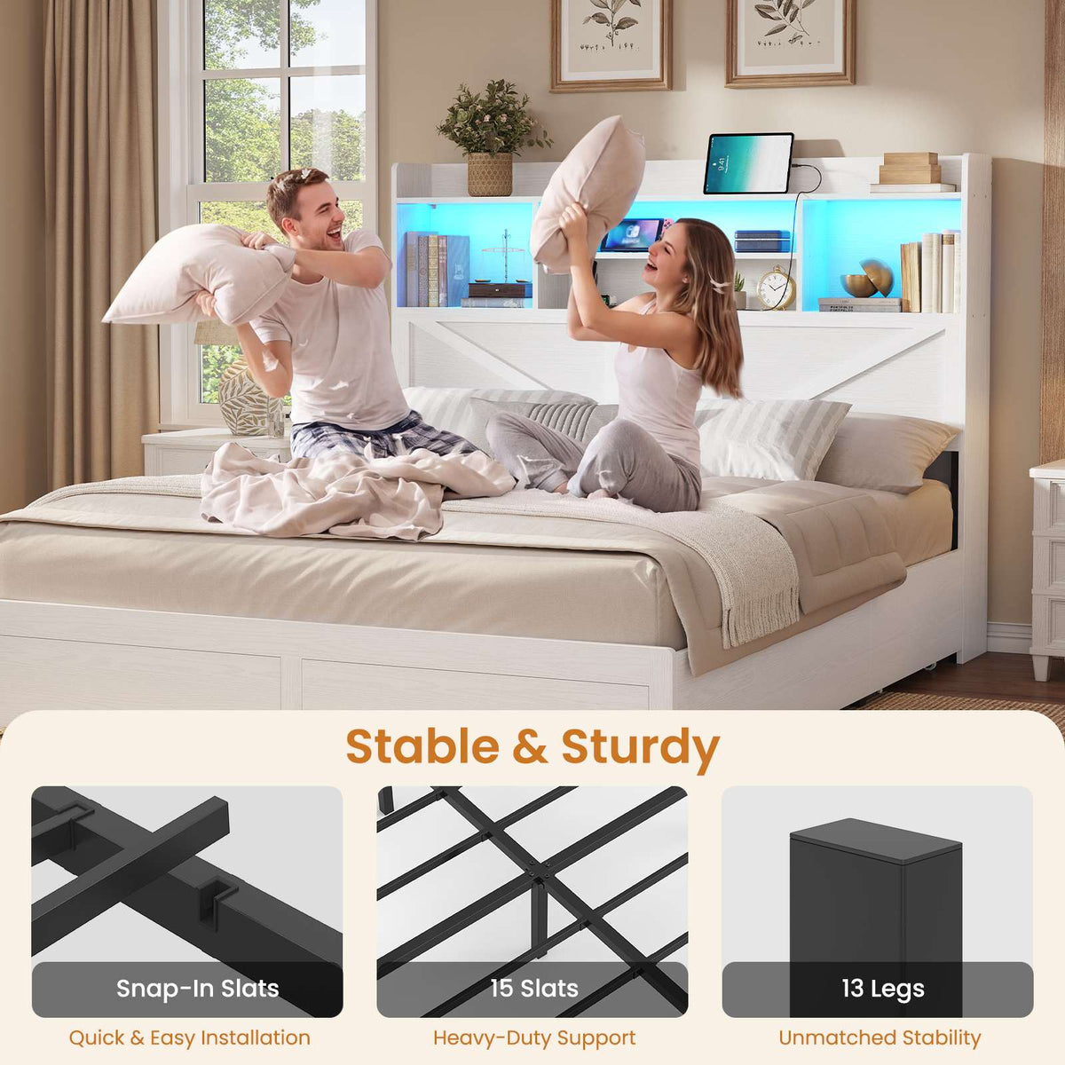 DICTAC Farmhouse Bed Frame with 6 Storage Drawers, Bookcase Headboard, LED Lights & Charging Station