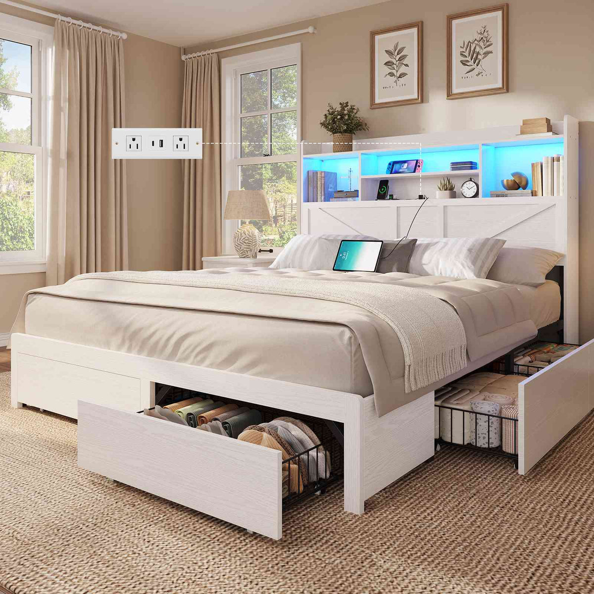 DICTAC Farmhouse Bed Frame with 6 Storage Drawers, Bookcase Headboard, LED Lights & Charging Station