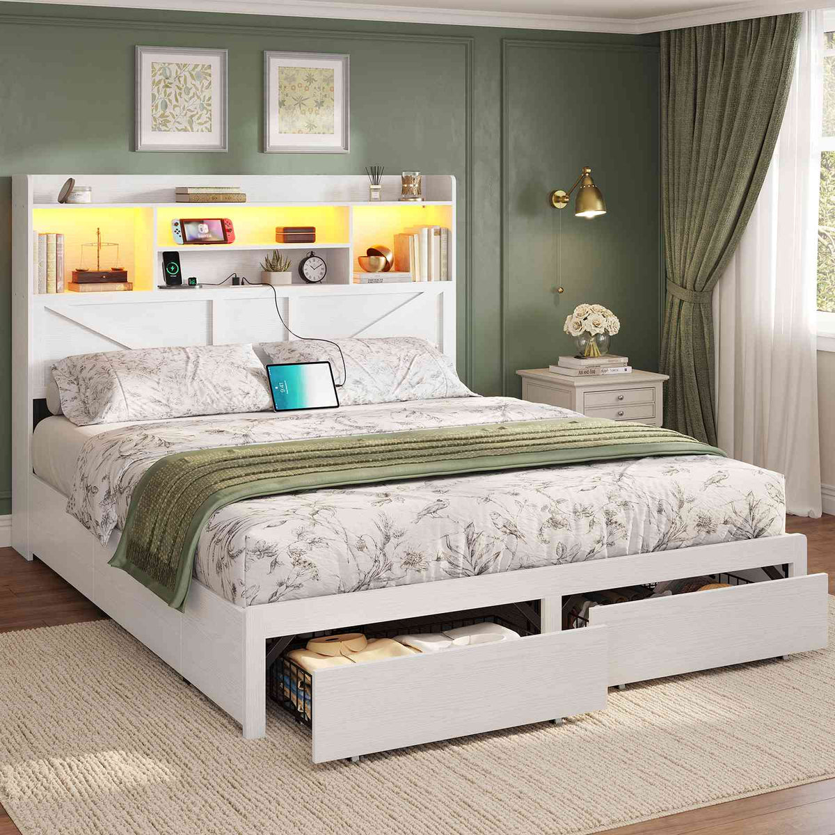 DICTAC Farmhouse Bed Frame with 6 Storage Drawers, Bookcase Headboard, LED Lights & Charging Station