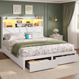 DICTAC Farmhouse Bed Frame with 6 Storage Drawers, Bookcase Headboard, LED Lights & Charging Station