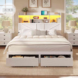 DICTAC Farmhouse Bed Frame with 6 Storage Drawers, Bookcase Headboard, LED Lights & Charging Station