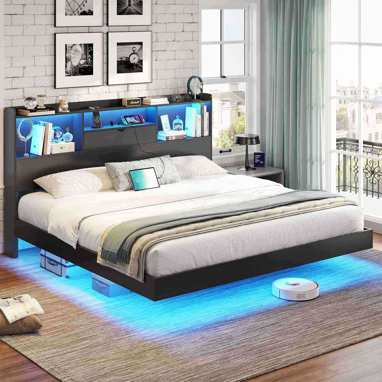 DICTAC | Queen Floating Bed Frame with LED Lights, Storage Headboard & Charging Station, Modern Metal Platform Bed, Black