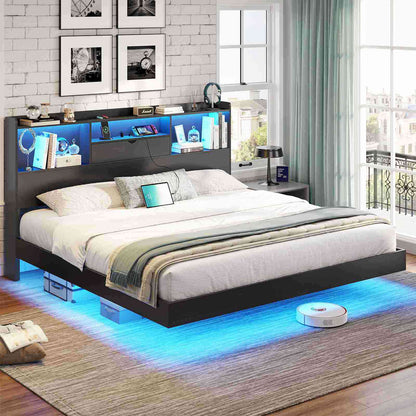 DICTAC | Queen Floating Bed Frame with LED Lights, Storage Headboard & Charging Station, Modern Metal Platform Bed, Black