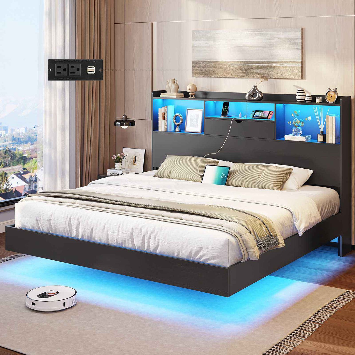 DICTAC | Queen Floating Bed Frame with LED Lights, Storage Headboard & Charging Station, Modern Metal Platform Bed, Black