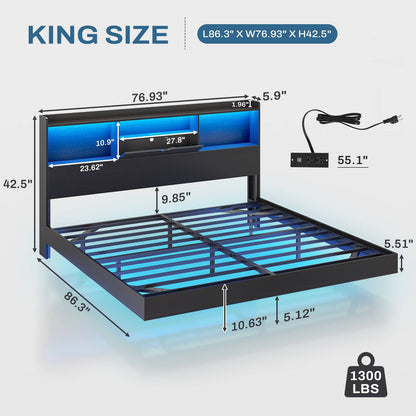 DICTAC | Queen Floating Bed Frame with LED Lights, Storage Headboard & Charging Station, Modern Metal Platform Bed, Black