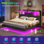 DICTAC | Queen Floating Bed Frame with LED Lights, Storage Headboard & Charging Station, Modern Metal Platform Bed, Black