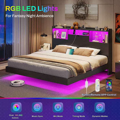 DICTAC | Queen Floating Bed Frame with LED Lights, Storage Headboard & Charging Station, Modern Metal Platform Bed, Black