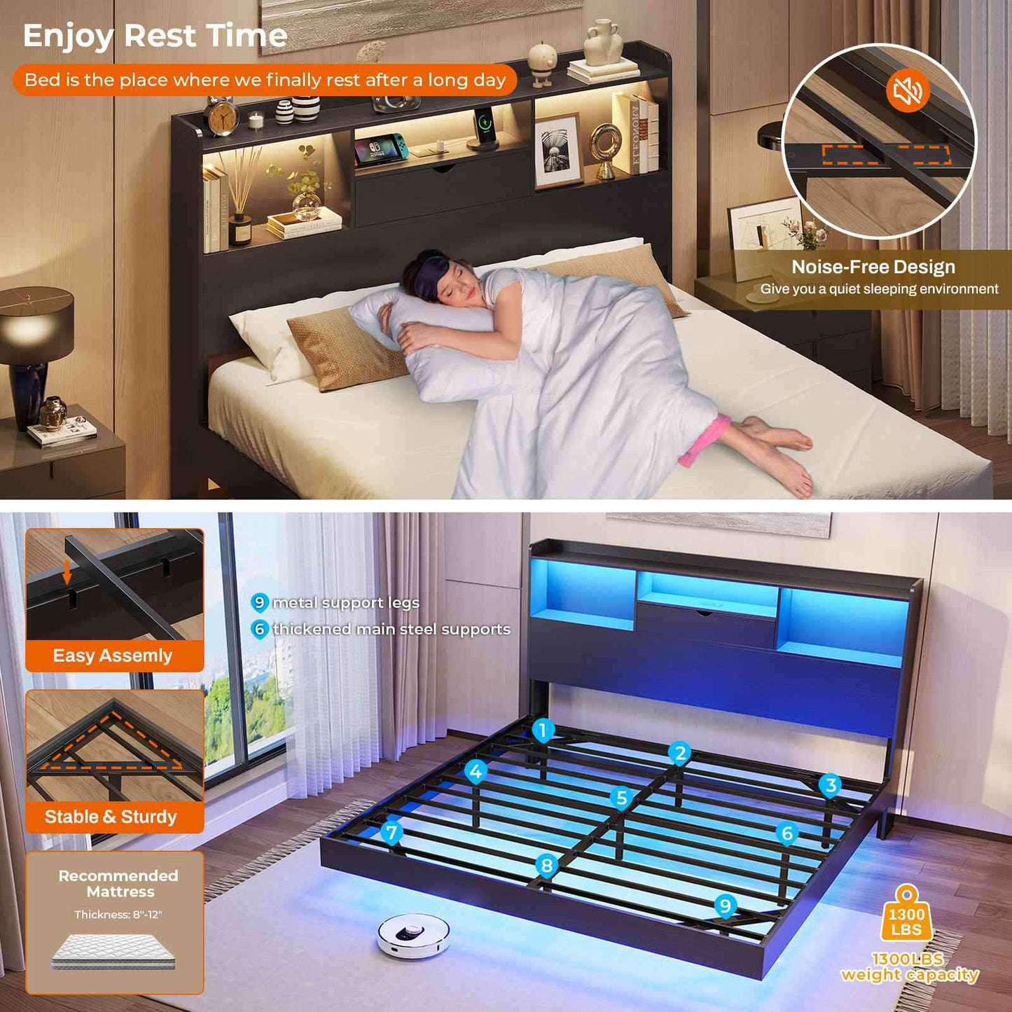 DICTAC | Queen Floating Bed Frame with LED Lights, Storage Headboard & Charging Station, Modern Metal Platform Bed, Black