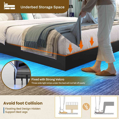 DICTAC | Queen Floating Bed Frame with LED Lights, Storage Headboard & Charging Station, Modern Metal Platform Bed, Black