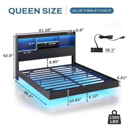 DICTAC | Queen Floating Bed Frame with LED Lights, Storage Headboard & Charging Station, Modern Metal Platform Bed, Black