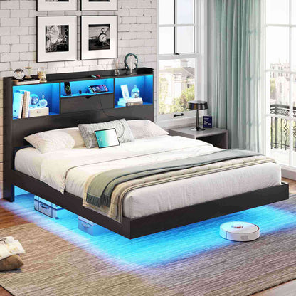 DICTAC | Queen Floating Bed Frame with LED Lights, Storage Headboard & Charging Station, Modern Metal Platform Bed, Black