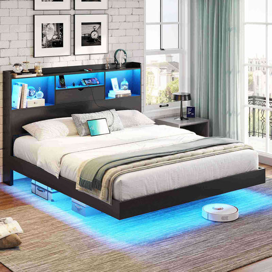 DICTAC | Queen Floating Bed Frame with LED Lights, Storage Headboard & Charging Station, Modern Metal Platform Bed, Black