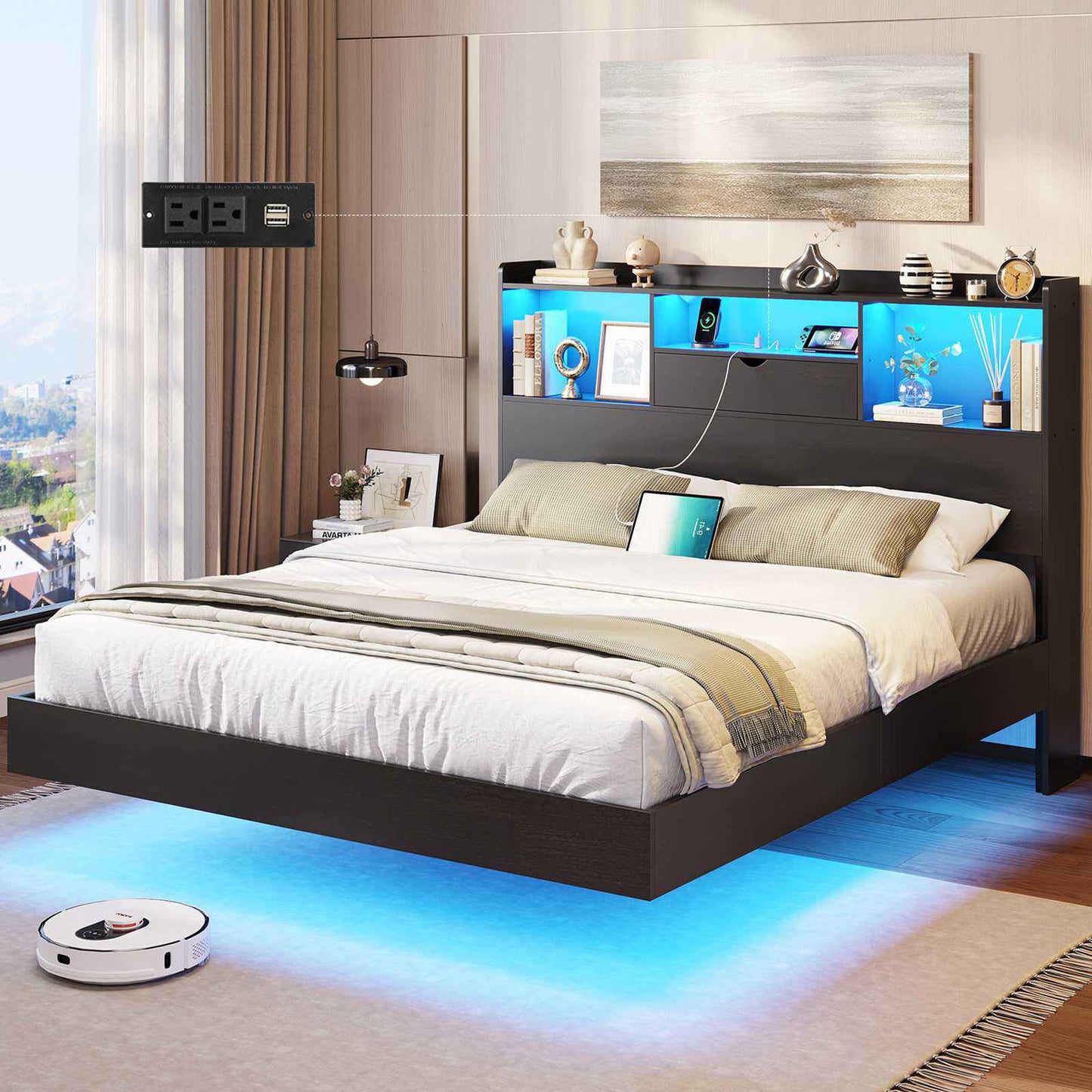 DICTAC | Queen Floating Bed Frame with LED Lights, Storage Headboard & Charging Station, Modern Metal Platform Bed, Black