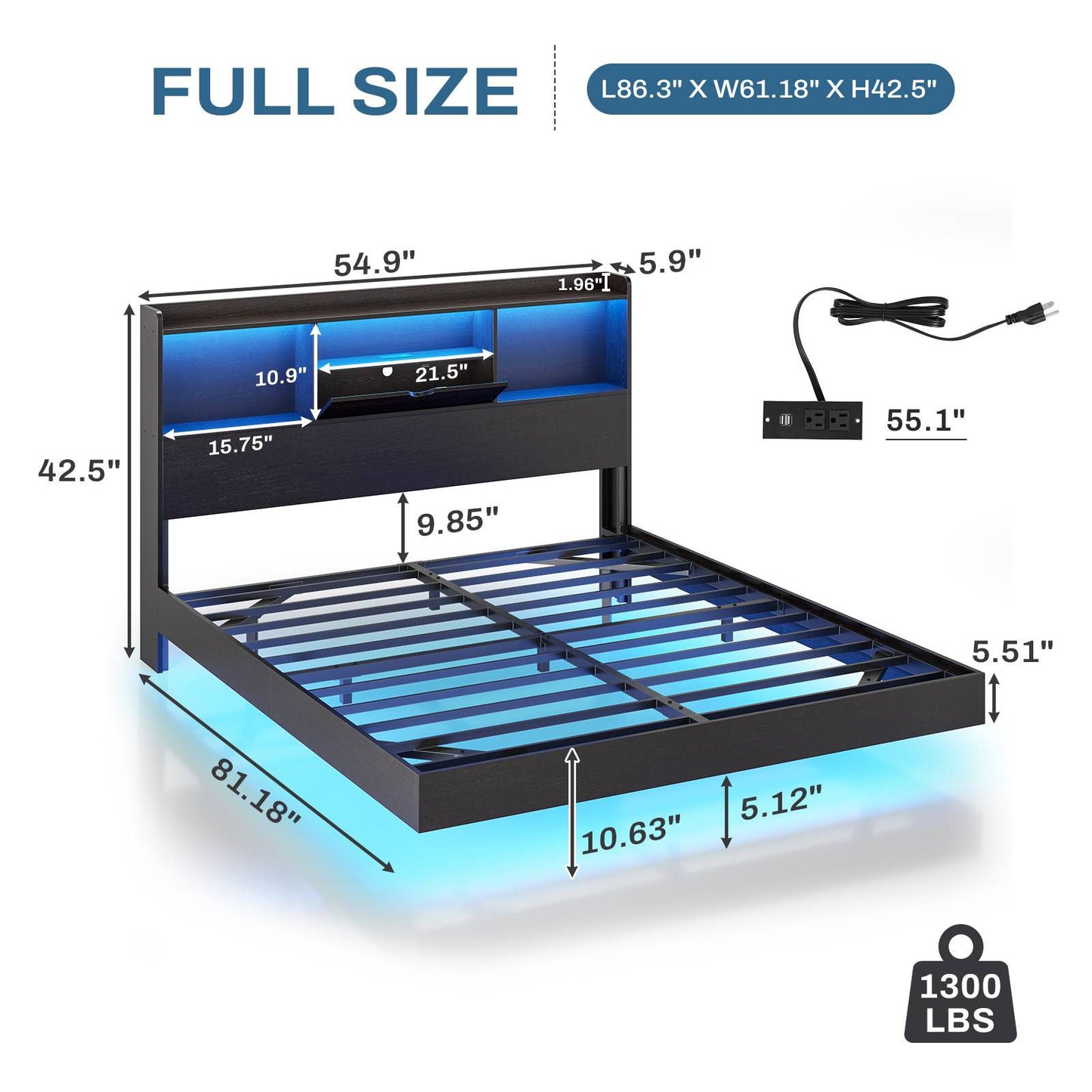 DICTAC | Queen Floating Bed Frame with LED Lights, Storage Headboard & Charging Station, Modern Metal Platform Bed, Black