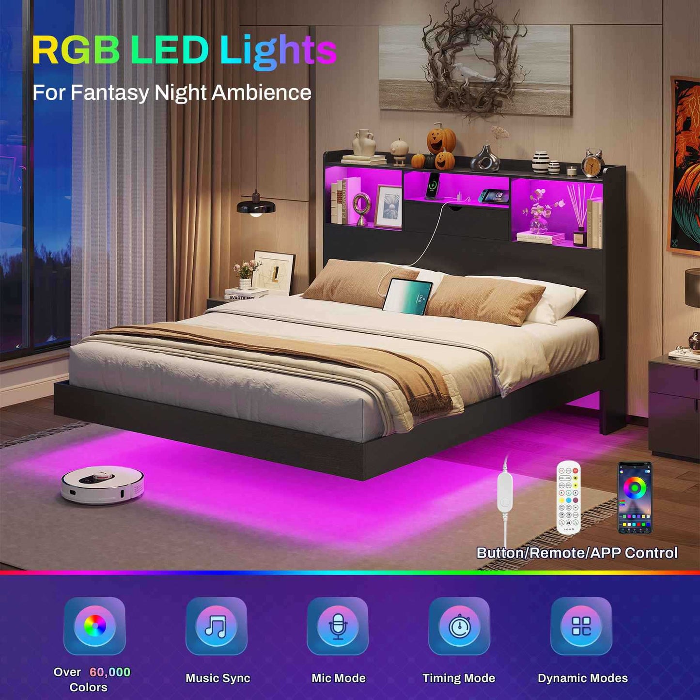 DICTAC | Queen Floating Bed Frame with LED Lights, Storage Headboard & Charging Station, Modern Metal Platform Bed, Black