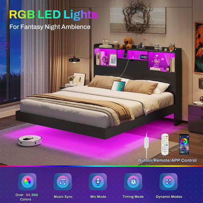 DICTAC | Queen Floating Bed Frame with LED Lights, Storage Headboard & Charging Station, Modern Metal Platform Bed, Black