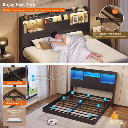 DICTAC | Queen Floating Bed Frame with LED Lights, Storage Headboard & Charging Station, Modern Metal Platform Bed, Black