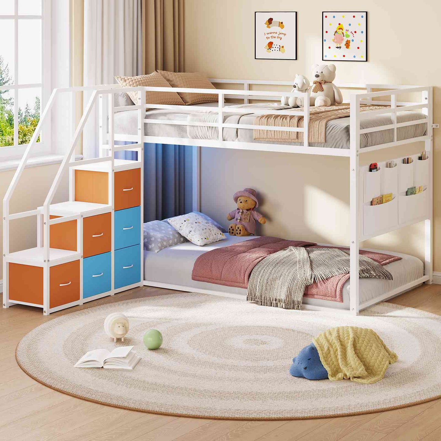 DICTAC | Twin Over Twin Low Bunk Bed with Storage Stairs, LED Lights & 6 Drawers for Kids, Black/White/Pink