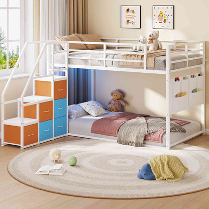 DICTAC | Twin Over Twin Low Bunk Bed with Storage Stairs, LED Lights & 6 Drawers for Kids, Black/White/Pink